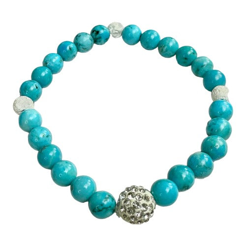 6mm Reiki Healing Turquoise Howlite with 3 Lava Beads and a Center Sparkle Bead Bracelet - 8" Stretch