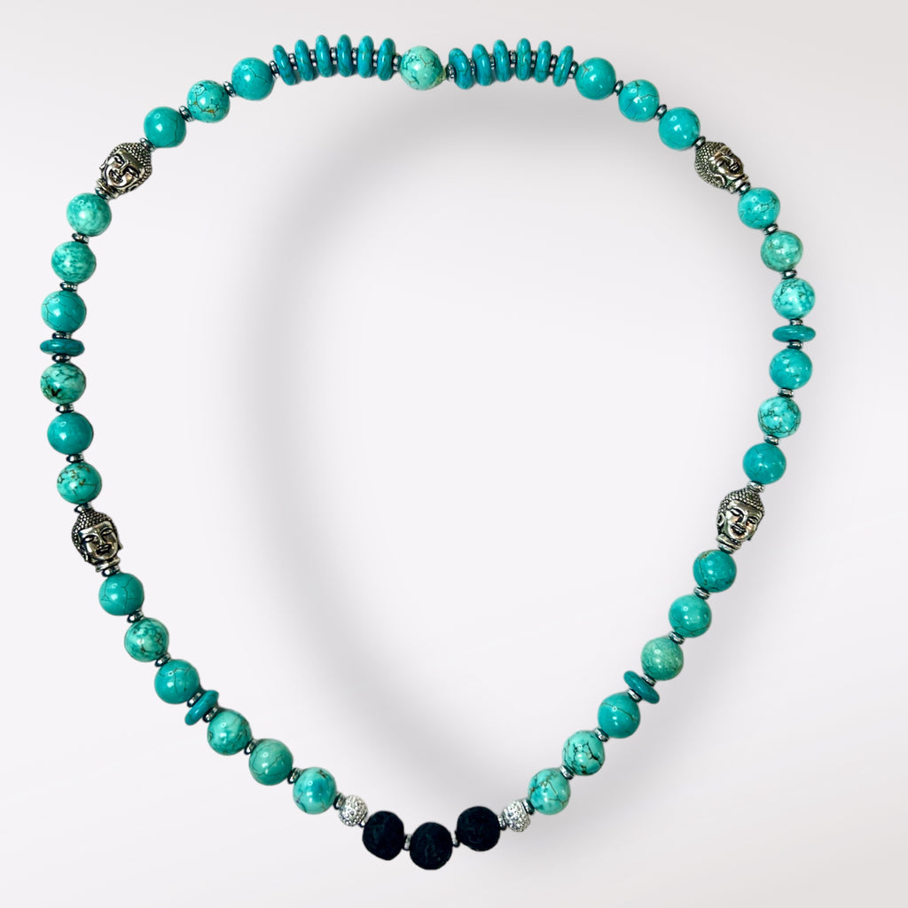 Turquoise, Buddha and Lava Bead Stretch Necklace
