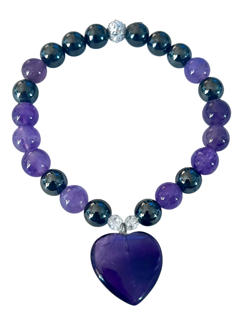 amethyst and hematite heart bracelet