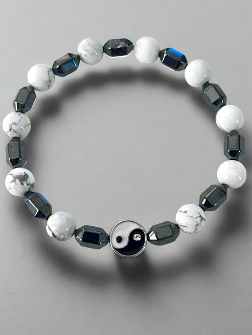 yin yang, howlite and hematite bracelet