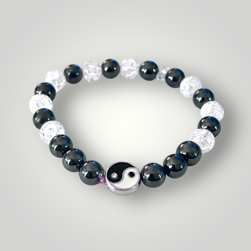 yin yang, crackled quartz and hematite bracelet