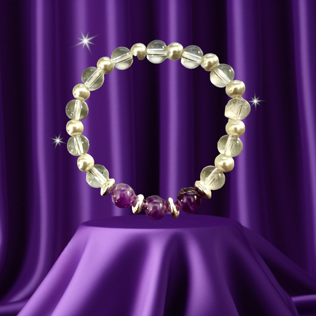 Triple Harmony Bracelet: Clear Quartz, Pearl, and Amethyst