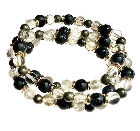 Black Tibetan Agate, Pyrite and Clear Quartz Necklace