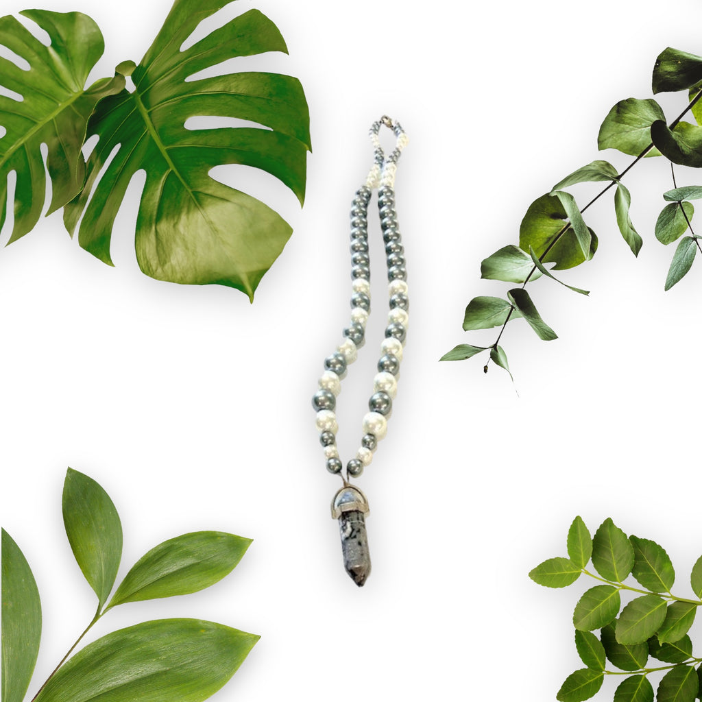 pearl and snowflake obsidian necklace