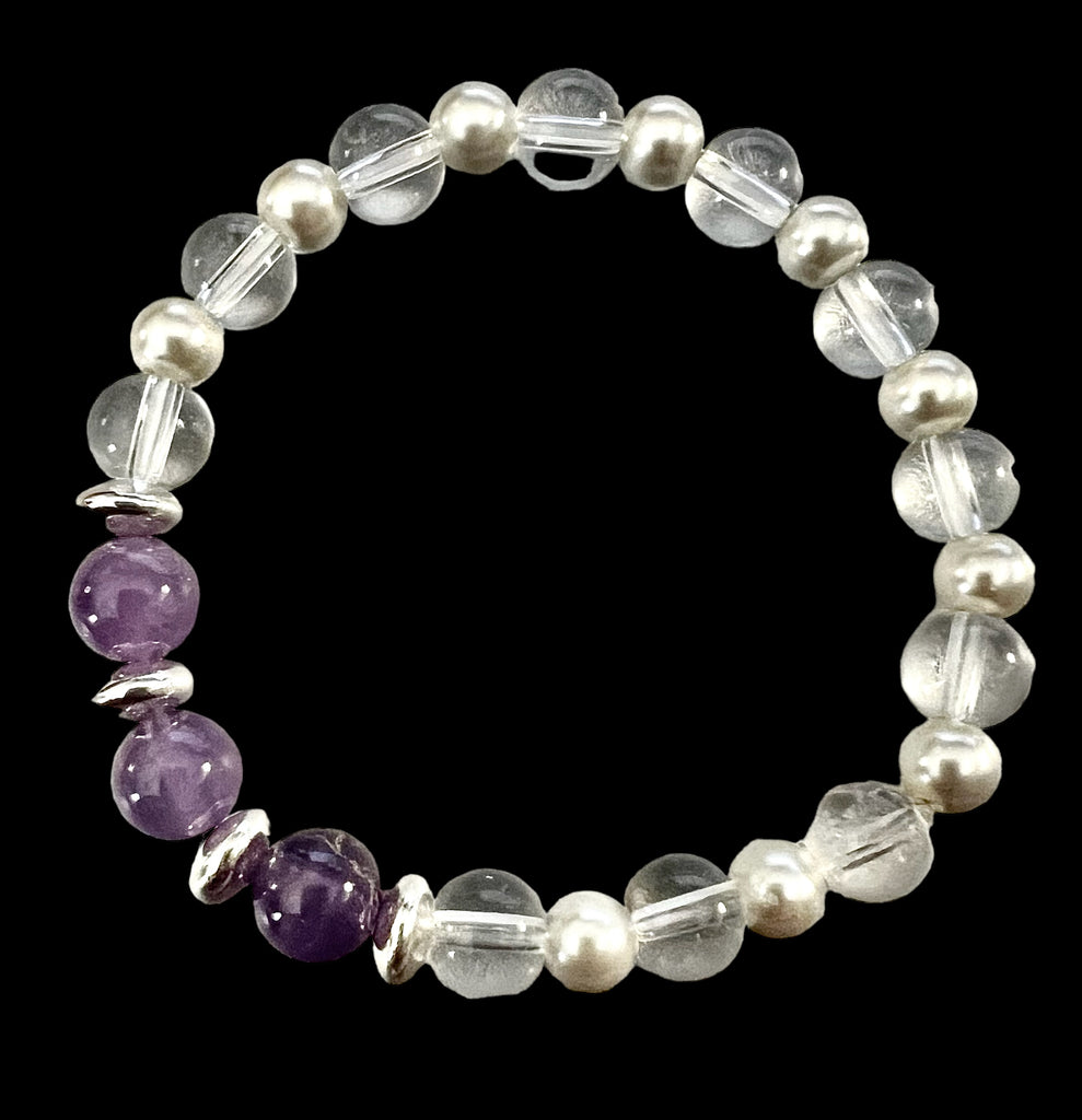 Triple Harmony Bracelet: Clear Quartz, Pearl, and Amethyst