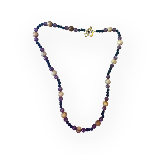Lepidolite, Palo Santo and Lava Bead Necklace