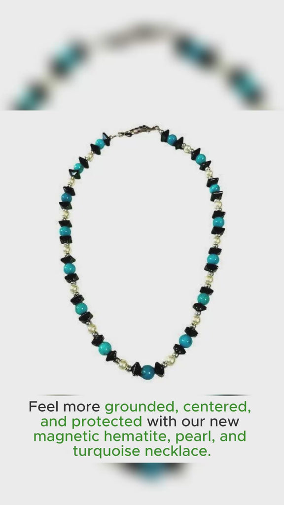 magnetic hematite, pearl and turquoise necklace