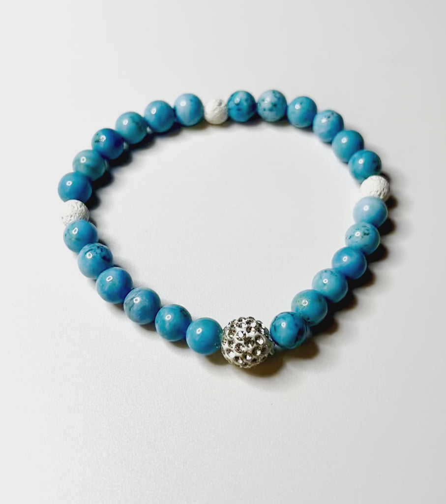 6mm Reiki Healing Turquoise Howlite with 3 Lava Beads and a Center Sparkle Bead Bracelet - 8" Stretch