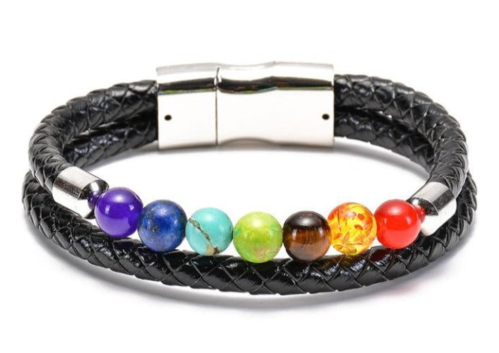 7 Chakra And Leather Bracelet