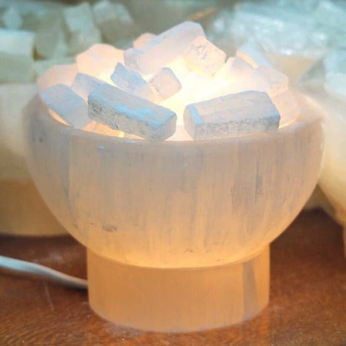 white selenite fire bowl lamp