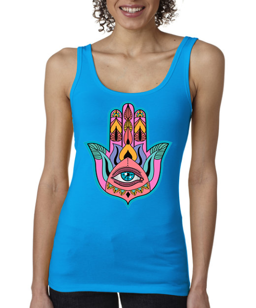 womens turquoise tank with hamsa design