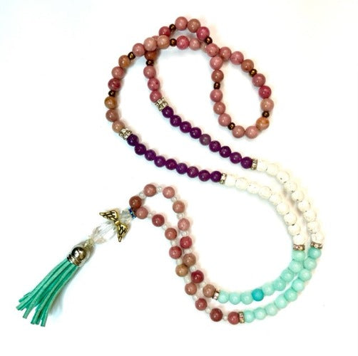 Angel, Gemstone and Lava Bead Mala Stretch Necklace