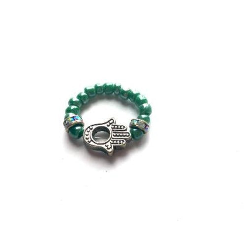 Green Beaded Elastic Hamsa Ring