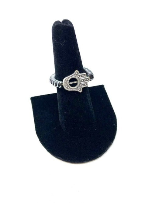 Hematite and Hamsa Ring