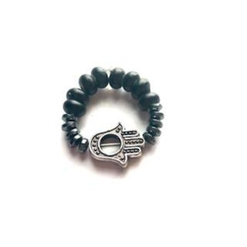 Hematite & Beaded Elastic Hamsa Ring
