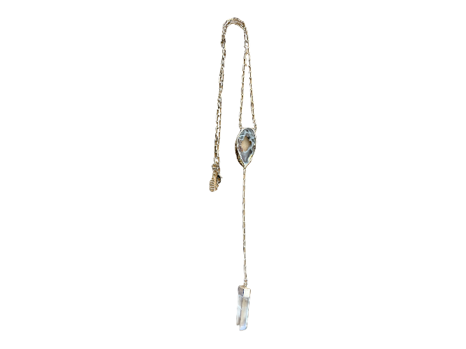 Silver Plated Oco Geode w/Crystal Point Y-Chain Necklace 24" 
