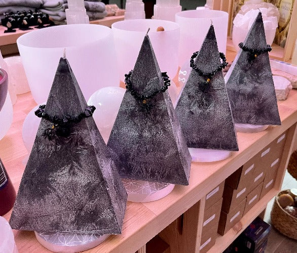 Palm Feather Pyramid Candle With Obsidian Mala Bracelet