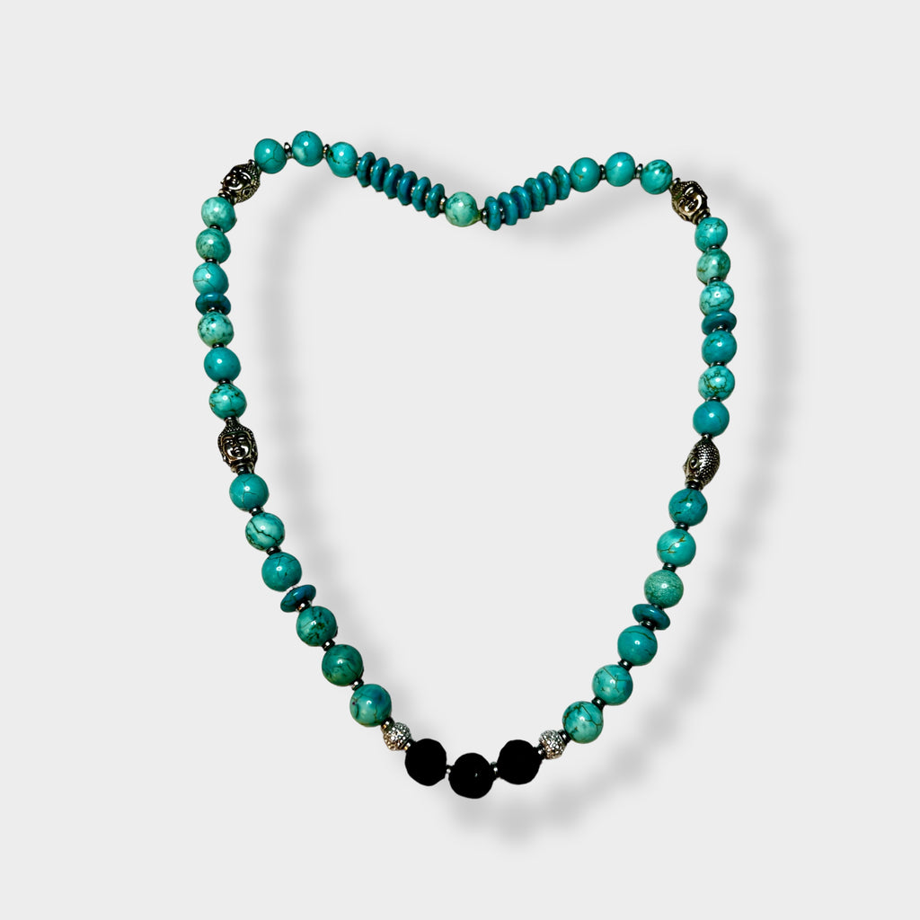 Turquoise, Buddha and Lava Bead Stretch Necklace